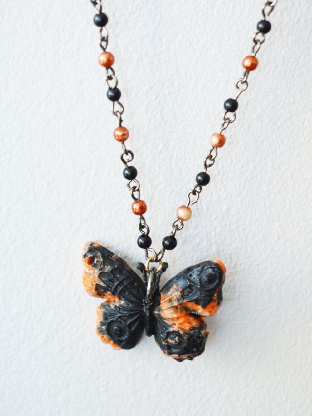 Handmade Black & Orange Recycled HDPE Plastic Butterfly Necklace Nature Pendant
